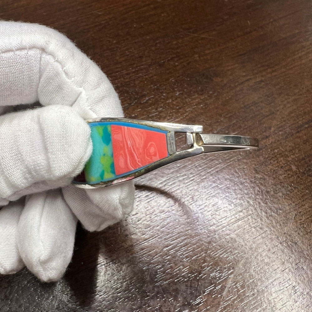 Vintage Alpaca Mexico Bangle Bracelet Multi Color Enamel Silver Tone 7.2 in - Picture 13 of 15
